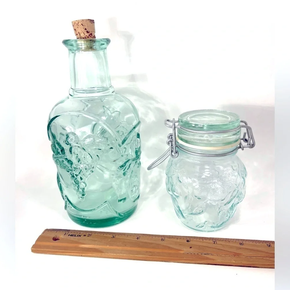 Green Glass Decanter w/ Cork and Canister w/ Bail Fruit Embossed Canada Mod Dep